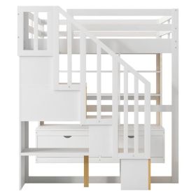 Full Size Loft Bed with Desk and Shelves, Two Built-in Drawers, Storage Staircase, White and Natural Full Size Loft Bed with Desk and Shelves, Two Built-in Drawers, Storage Staircase, White and Natural