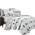 King Size Blue Grey Birds On Wire Lightweight 7 PCS Quilt Set