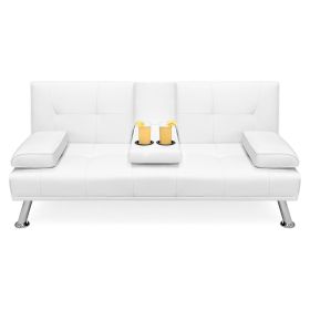White Faux Leather Convertible Sofa Futon with 2 Cup Holders