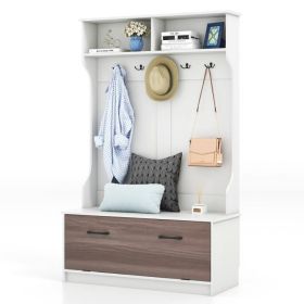 Entryway Bench Coat Rack Shoe Storage Cabinet in White Oak Wood Finish