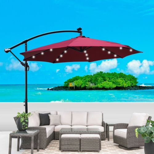 10ft Outdoor Patio Umbrella Solar Powered LED Lighted Sun Shade Market Waterproof 8 Ribs Umbrella with Crank and Cross Base for Garden Deck Backy
