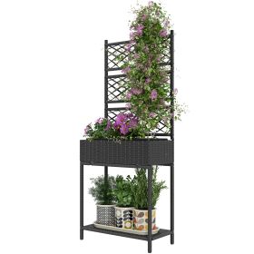 Outdoor Wicker Planter With Trellis For Climbing Plants, Freestanding Rattan Garden Box With Storage Shelf, Black (Color: Black)