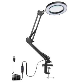 1Pack 2 In 1 LED Magnifier Desk Lamp 8x Magnifying Glass With Light Swing Arm Desk Table Light USB Reading Lamp With Clamp Stand 10 Brightness 3 (Color: Black)