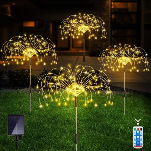 Outdoor Solar Garden Lights;  4 Pack 120 LED Copper Wire Waterproof Solar Garden Fireworks Lamp with Remote;  8 Modes Decorative Sparkles Stake L