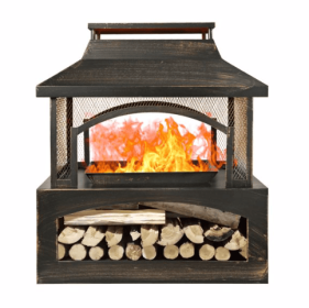 37 Inch Rectangular Metal Outdoor Wood Burning Fireplace - Outdoor Fireplace With Built-in Log Storage & Brush Stick For Log Burner Fire Pit In P (Color: Black)