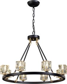 Black Wagon Wheel Chandelier, 8-Light Farmhouse Crystal Chandeleirs With Adjustable Height,Ceiling Hanging Light Fixture Pendant Lights For Livin (Color: Black)