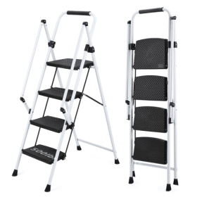 White Four-step Ladder, Light Folding Four-step Stool, Wide Anti-skid Pedal And Safety Handle, Strong Steel Ladder, Multi-purpose Ladder, Applica (Color: White)