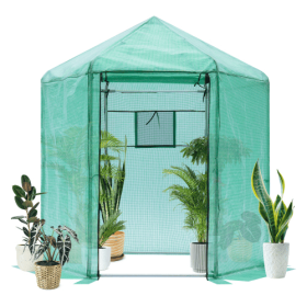 Walk-in Greenhouse Hexagonal Upgrade Reinforced Frame Heavy Duty Plastic Greenhouse Reinforced Thickened Waterproof Insulation  6.9x7.5 Ft (Color: Green)