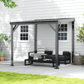 8x 8 Lean To Gazebo With Upgraded Drainage System, Wall Mounted Gazebo Hardtop Galvanized Steel Sloping Roof For Patio Deck  Lawn Party Gray (Option: Gray)