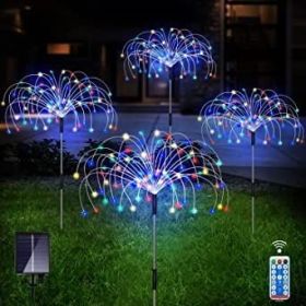 Outdoor Solar Garden Lights;  4 Pack 120 LED Copper Wire Waterproof Solar Garden Fireworks Lamp with Remote;  8 Modes Decorative Sparkles Stake L (Color: Colorful)