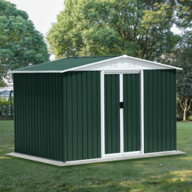 Outdoor Storage Garden Bike Shed 8x6 Feet Apex Roof Dark Grey With Aluminum Alloy Frame And Sliding Door (Color: Green)