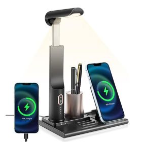 3 In 1 Multifunctional Led Desk Light  With 15W Fast Wireless Charger USB Charging Port Desk Lamp For Home Office  Desk Lamp For Android Dormitor (Color: Black)